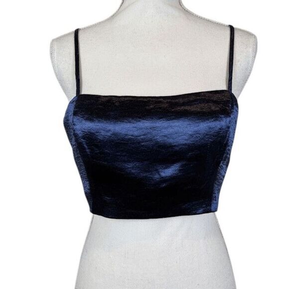 House of Harlow 1960 Blue Satin Crop Halter Ruched Back Adjustable Straps Large - Picture 1 of 8